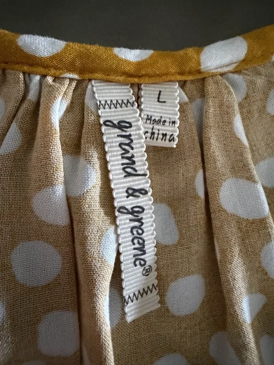 Grand & Greene Gold & White Polka Dot Blouse, Tab up sleeves, Size Large - Picture 5 of 5